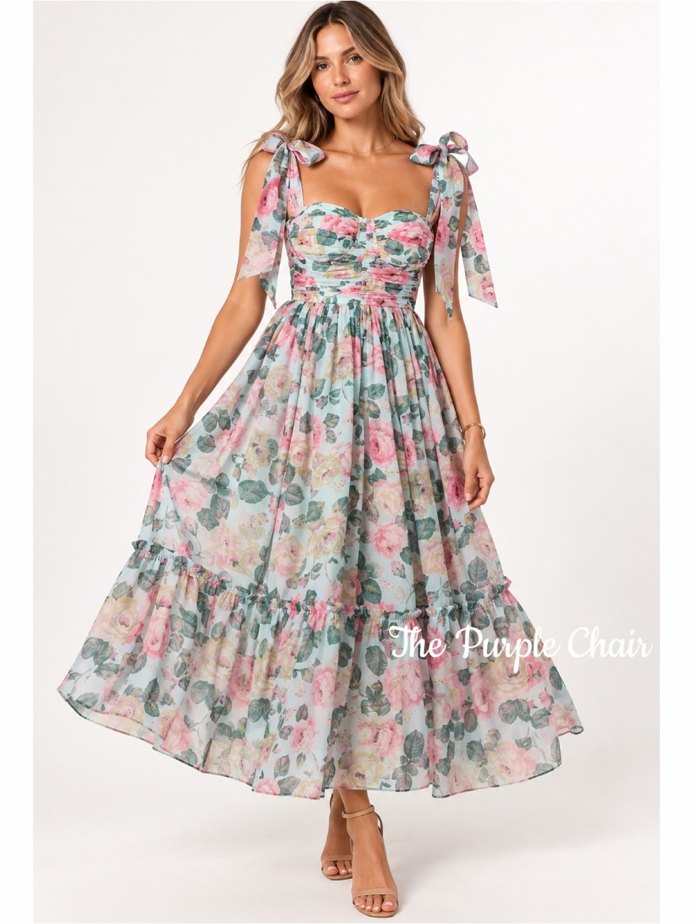 PETAL & PUP NWT Floret Sleeveless Bow Tie Shoulder Ruffle Midi Dress XS